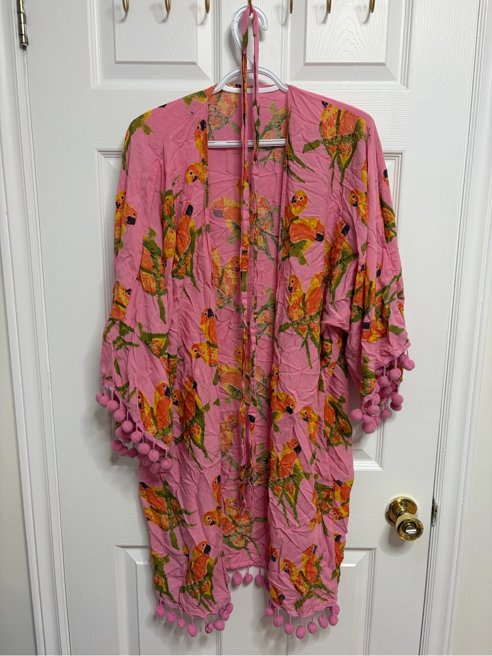 Pink Tropical Parrot Print Pom Pom Kimono Robe